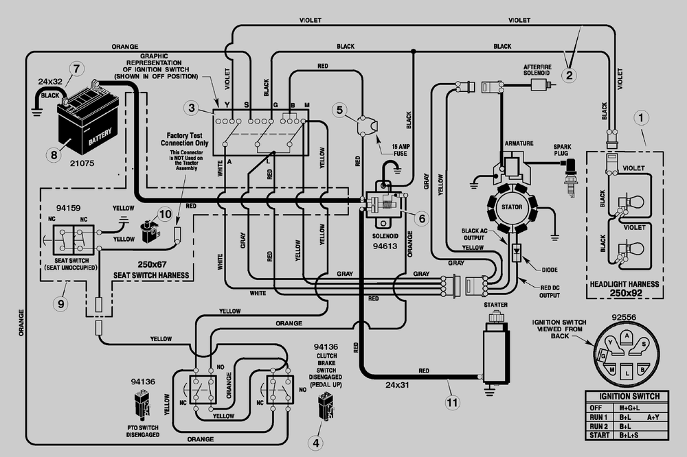 Electrical System Diagram and Parts List for 425001X8A 2004 Briggs and Stratton Lawn Tractor